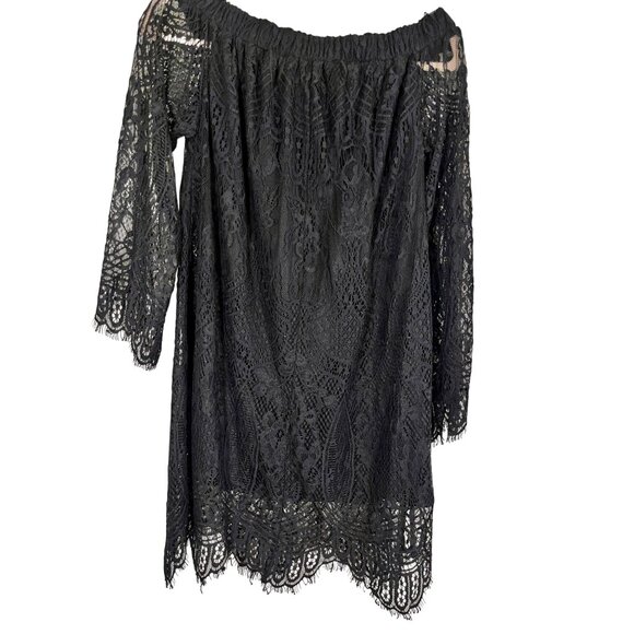 Retro Floral Lace Off Shoulder Dress M Black Fringe Witchy Grunge Neutral Chic - Picture 1 of 12